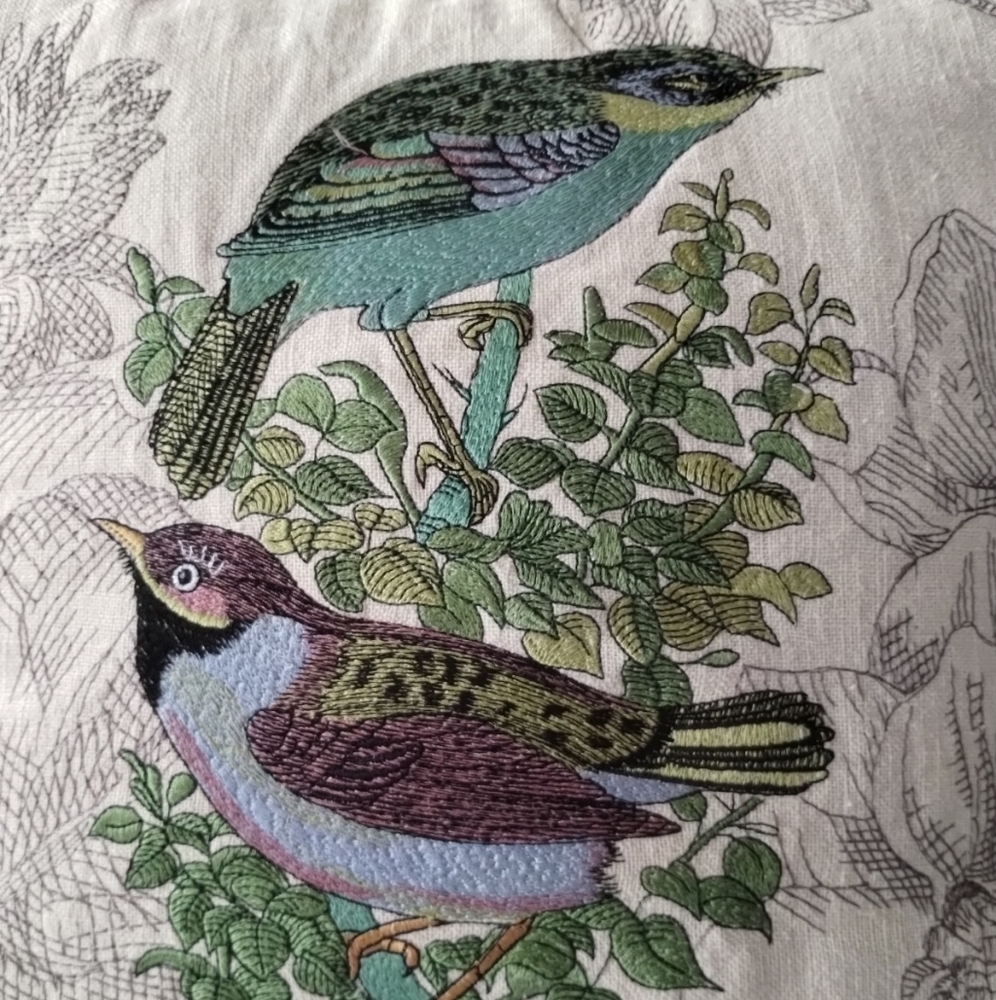 Embroidered Birds & Floral Accent Pillow Cream Cottagecore Shabby Chic Nature - Picture 2 of 10